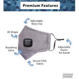 Lucid Eye Studios 3-Pack Cloth Face Mask with Valve, Adjustable Ear Loops, Comfortable Nose Wire and (9) PM 2.5 Filters (Grey)