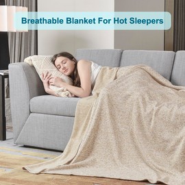 KAWAHOME Sweatshirt Summer Blanket Twin Size for Bed-Lightweight Breathable Blankets,Soft Thin Knit Jersey Blanket for Hot Sleepers 66 X 90 Inches, Camel and White