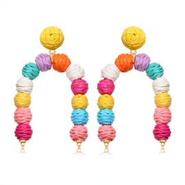 NLCAC Rattan Earrings for Women Beaded Rattan Ball Arch Drop Dangle Earrings Bohemian Summer Beach Jewelry (Colorful)