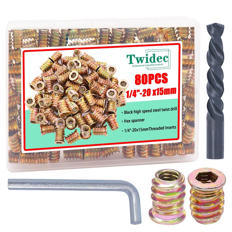 Twidec/80PCS 1/4"-20 Threaded Inserts for Wood Furniture Screw-in Nut Wood