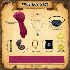 SHOHOKU 9PCS Pirate Costume Accessories for Men Women Bandana,Head Scarf,Sash,Waist Chain, Necklace,Compass,Earring,Binocular,Coins,Bracelet