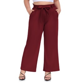 ZERDOCEAN Women's Plus Size Wide Leg Pants High Waisted Self-tie Belted Lounge Pants Trousers with Pockets Wine Red 5X