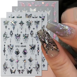 3D Punk Metallic Black Butterfly Nail Stickers Laser Aurora Butterfly Nail Decals Butterfly Nail Art Stickers Pink Butterfly Stickers for Nails Butterflies Silver Nail Stickers Women Nail Supplies
