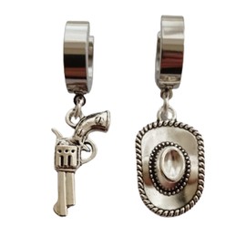 Cute 3D Cowboy Hat and Gun Charm Small Hoop Earrings, Boho Piercing Dangle Stainless Steel Ear Clip for Man Woman, Mismatched Clip on Earrings
