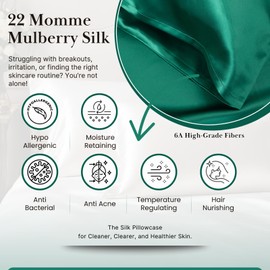 Sillo Silk Pillow Cases 2 Pack with Wash Bag – 22 Momme 6A Mulberry Silk for Hair & Skin, Silver-Infused Anti-Acne Pillow Cases for Acne-Prone Skin, Hypoallergenic, Queen (Emerald Green)