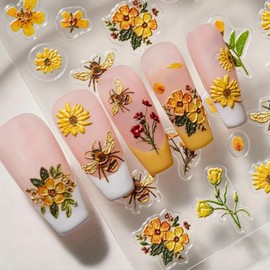 Flower Nail Art Stickers Yellow Daisy Nail Decals 5D Embossed Nail Stickers Cute Daisy Bee Nail Supplies Floral Nail Art Decals Spring Summer Nail Accessories for Women DIY Nail Art Decoration 1PCS