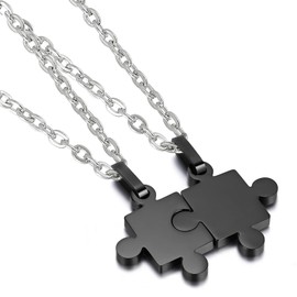 Cupimatch 2 Pieces Stainless Steel Puzzle Matching Pendant Couple Necklace Set with 18" & 22" Chain (Black)