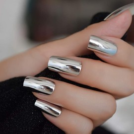 EDA LUXURY BEAUTY Silver Metallic Luxe Design Press On Nails Full Cover Acrylic Nail Kit Glue On Mirror Effect Chrome False Nails Extra Long Square Nail Art Tips Super Fashion Fake Nails Set