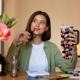 WWHSAI Strawberry 40 oz Tumbler with Handle and Straw - Double Wall Vacuum Insulated Coffee Cup Keeps Drinks Cold & Hot - Strawberries Festival Birthday Gifts for Strawberry Lovers Girls Women Sister