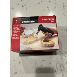 Chefmate Creme Brulee Set 5 Piece  4 Ceramic  Ramekins Torch and Butane Fuel NIB