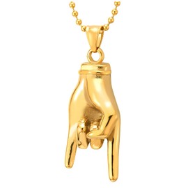 Punk Rock and Roll, Steel Mens Womens Gold Color Hand Pendant Necklace, 30 inches Steel Ball Chain(CA)
