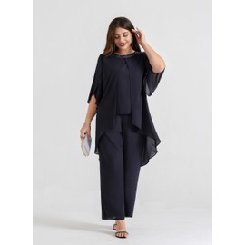 Hanna Nikole 3/4 Sleeve Mother of The Bride Pants Suits for Wedding 2 Piece Sequined Neck Chiffon Pant Set Dark Gary 18W