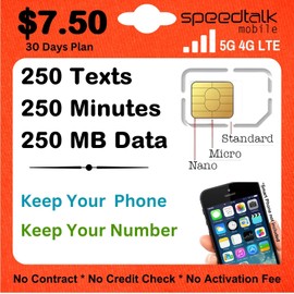 SpeedTalk Mobile SIM Card Kit for Smart Phones & Cellphones | $7.50 Monthly Plan - 250 Texts (SMS) + 250 Minutes (Talk) + 250 MB 5G 4G LTE Data | 3-in-1 Standard Micro Nano size | 30 Days USA Coverage