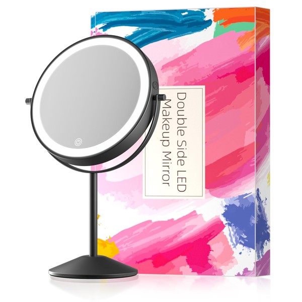 FUNTOUCH Espejo de maquillaje iluminado con luces, espejo recargable de doble cara de 8 pulgadas, espejo de aumento de 10 veces, iluminación de 3 colores, espejo cosmético regulable con control táctil, espejo de rotación de 360°, color negro