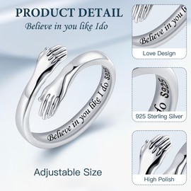 LOVECOM Christmas Day Gifts, Hug Ring,925 Sterling Silver Hug Rings for Women Teen Girls Silver Hugging Hands Open Promise Ring Jewelry Hug Hands Mens Rings Couples Wedding Bands, 8, Metal, No