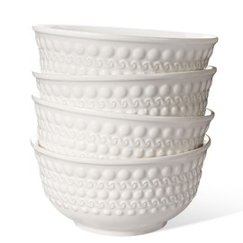 Wareland Cereal Bowls Set of 4 - Ceramic Soup Bowls for Kitchen 30 Oz Embossment White Breakfast Bowls for Rice, Pasta, Fruits, Salad, Ramen, 6.25 Inch, Dishwasher & Microwave Safe (Auspicious Clouds)