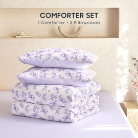 Wake In Cloud - Cottagecore Comforter Set, Floral Vintage Flower Shabby Chic Coquette Aesthetic for Women Teen Girls, Soft Lightweight Dorm Bedding, 3 Pieces, Lilac, Queen Size
