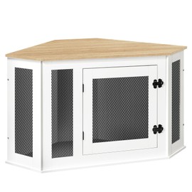 MAHANCRIS Corner Dog Crate Furniture, Wooden Dog Kennel End Table, Decorative Pet Crate Indoor Use, Furniture Style Dog House for Small Medium Dog, Dog Cage TV Stand, White and Natural DCBN0801