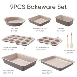 CAROTE 9-Piece Nonstick Stackable Baking Pans Set - Bakeware Sets Including Cookie Sheets, Muffin Pan, Bread Pan, Cake Pan, Loaf Pan, Roasting Pan, Gray & Khaki