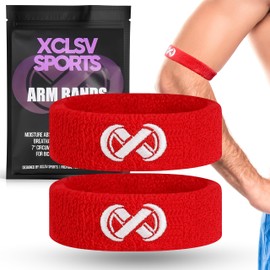 XCLSV SPORTS Football Arm Bands - Sweat-Wicking Cotton Bicep Bands - Bicep, Calf & Forearm Band - Double Stitched & Machine Washable Arm Sweat Bands Sports - 1 Pair (Red)