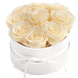 Rose Box Pink Round Infinity Roses - Flower Box 8 Real Roses Durable 3 Years Diameter 15 cm - Gift for Women (White Champagne)