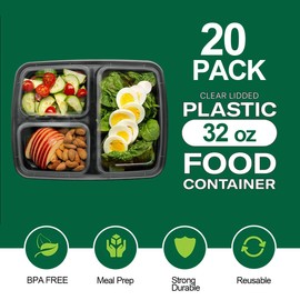 KmaxShip [20 Pack 32oz Meal Prep Containers with Lids - 3 Compartment Food Storage Containers - Reusable Bento Boxes - BPA Free, Stackable, Reusable, Microwaveable & Dishwasher Safe
