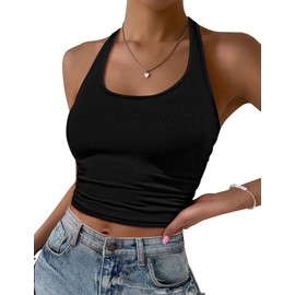 Ekouaer Women Halter Top Backless Scroop Neck Slim Stretchy Ribbed Knit Camisole Crop Tops(Black,S)