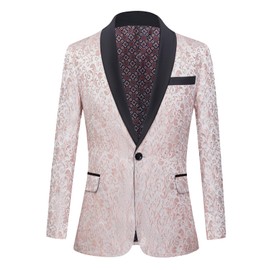 Men's Floral Jacquard Dress Suit Jacket 1 Button Tuxedo Blazer Sport Coat Jacket for Dinner,Prom,Wedding (X-Small, Pink)