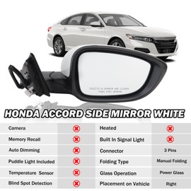 Passenger Side View Mirror Compatible with 2018 2019 2020 2021 2022 Honda Accord Sedan White Non Heated Without Signal Light 76208TVEH01