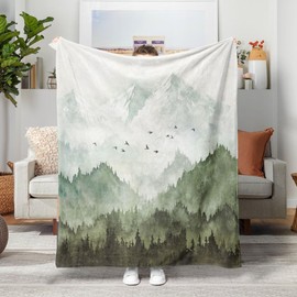 Neasow Watercolor Mountain Forest Fleece Throw Blanket, Nature Misty Foggy Sage Green Tree Landscape Art Nap Blankets Gift Sofa Bed Couch Chair or Dorm Throws 40×50 inches