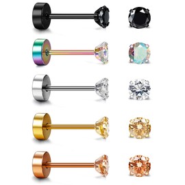 Aroncent 5 Pairs Unisex Stud Earrings Set Classic Stainless Steel Cubic Zirconia Round Circle Earrings Ear Piercing Gift for Men Women Gold Silver Rose Gold Black Colourful, 3/4/5/6/7 mm, 4 mm,