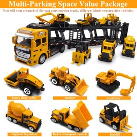 OTONOPI Car Transport Truck Toy Construction Truck Diecast Cars Play Vehicle Set Carrier Trailer Truck with Mini Crane Excavator Digger Dumper Tractor for Kids Pack of 7