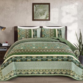 Yiran King Quilt Set Olive Green, Fall Boho Vintage Bedspreads Bedding Set, Lightweight Chic Bohemia Coverlet Set with 2 Shams for Bed 110x90 Inch