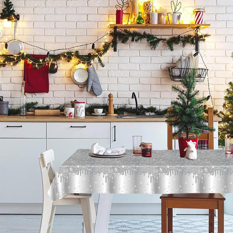 2P Silver Party Plastic Table Cloth,137x274cm Shiny Glitter Silver Tablecloths