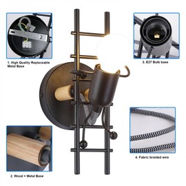 Alpinaluz Decorative Wall Lamp for Children, E27, Original Design with Climbing Doll and Stairs in Black Metal and Wood, Fun and Modern Style for Bedroom, Hallway or Living Room