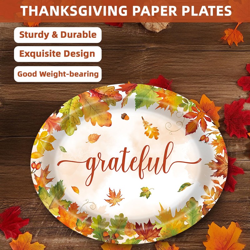 UROINEPA 50Pcs Thanksgiving Plates,12x10 Oval Fall Paper Plates Large Disposable