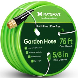 Maygrove 75 ft Garden Hose, 5/8 in ID, Heavy-Duty, Leakproof, Kink-Resistant Water Hose with Swivel Brass Fittings, 600 PSI Burst Rating, Ideal for Car Wash & Lawn Watering