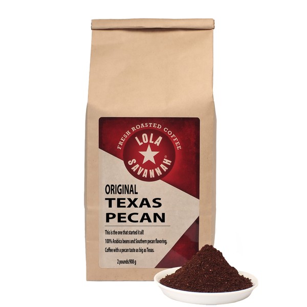 Lola Savannah Texas Pecan Ground Coffee - Gourmet Arabica Beans Brimming with Roasted Pecan Flavor, Caffeinated, 2lb Bag