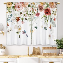 Laifzere Watercolor Red Floral Kitchen Curtains Flower Plant Small Short Cafe Window Curtains Rustic Colorful Wildflower Hummingbird Blossom Spring Rod Pocket Tier Window Treatment Drapes (26x36 Inch)