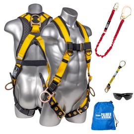 Palmer Safety Fall Protection Safety Harness SLKR Kit I 5pt Full Body Harness, 6' Single Lanyard w/Rebar Hook, 18" D-Ring Extender, Safety Glasses & Kit Bag (Yellow - Universal)