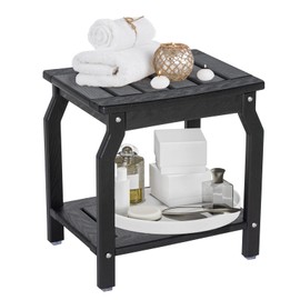 LOENIY 2-Tier HDPE Shower Bench with Non-Slip Foot Pads, Wood-Like Spa Shower Stool for Inside Shower, Ergonomic Water-Proof Bathroom Bench Seat with Storage Shelf, for Seniors & Adults (Black)