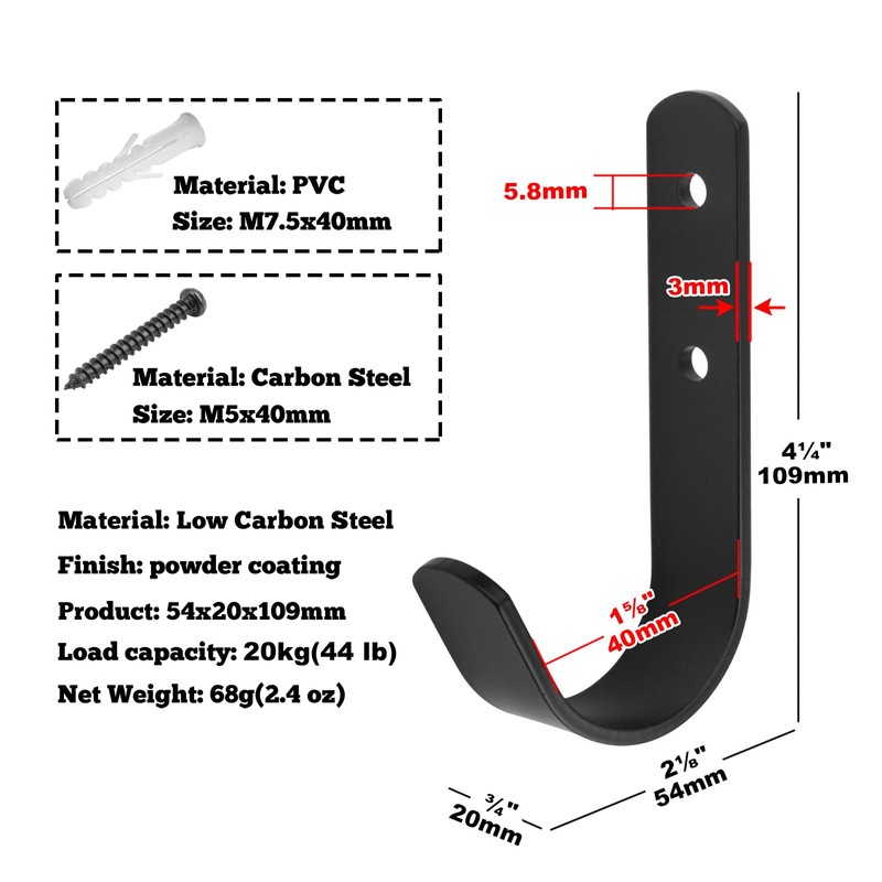 OTTFF 10 Pack Black Steel J Hook, 4-1/4" Wall Mount