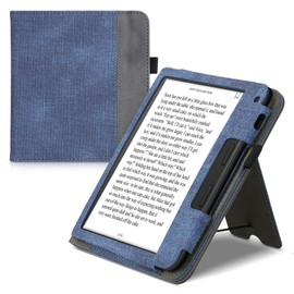 kwmobile Case Compatible with Tolino Vision 6 Case - Flip Case with Hand Strap - Faux Leather Cover - Dark Blue Dark Grey