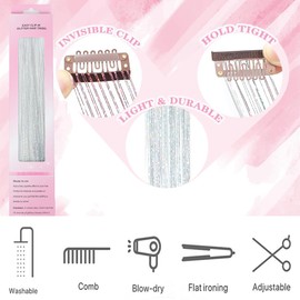 Hair Tinsel 12 Pcs Clip inKit for Girls 22 Inch Glitter Fairy Tinsel Hair Extensions Colorful Heat Resistant Party Festival Hair Accessories for Women Kids (silver)