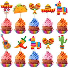40pcs Fiesta Cupcake Toppers Mexican Theme Party Decorations | Cactus Donkey Taco Pepper Sombrero Mustache Party Decorations