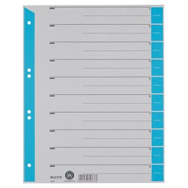 Leitz Register für A4, Deckblatt und 10 Trennblätter, Taben individuell zuschneidbar, 25 Stück, Überbreite, Grau/Blau, 100% Recyclingkarton, 16523030