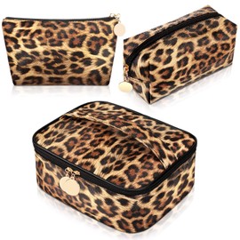 3 Pieces Leopard Print Cosmetic Bag Set Cheetah Toiletry Travel Makeup Bag Portable Makeup Pouch Brush Organizer Purse Handbag for Women