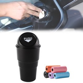 HIAHXC Car Bin with Lid, Small Bin for Car, Car Trash Bin with 5 Rolls Trash Bags Can Flip-Top Design Car Rubbish Bin Cup Holder for Car, Office, Home(Black)