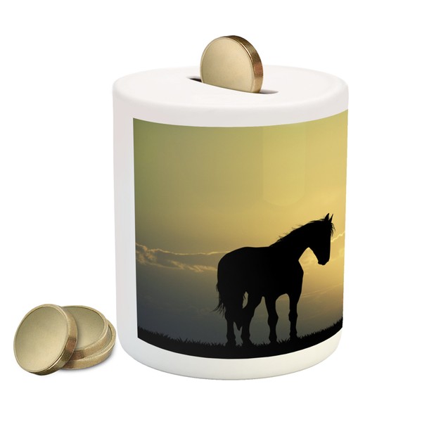 Lunarable Horse Piggy Bank, Silhouette of an Animal at Sunset Farmland Flying Birds Idyllic Nature West, Printed Ceramic Coin Bank Money Box for Cash Saving, Pale Green and Black