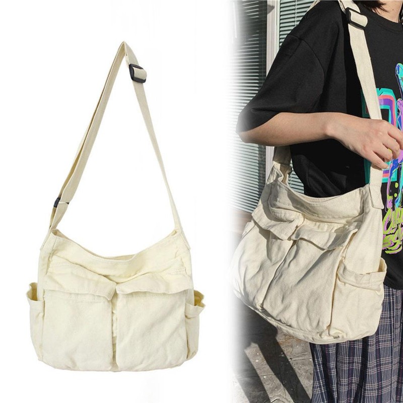 Canvas Messenger Bag Large Capacity Hobo Crossbody Bag with Multiple